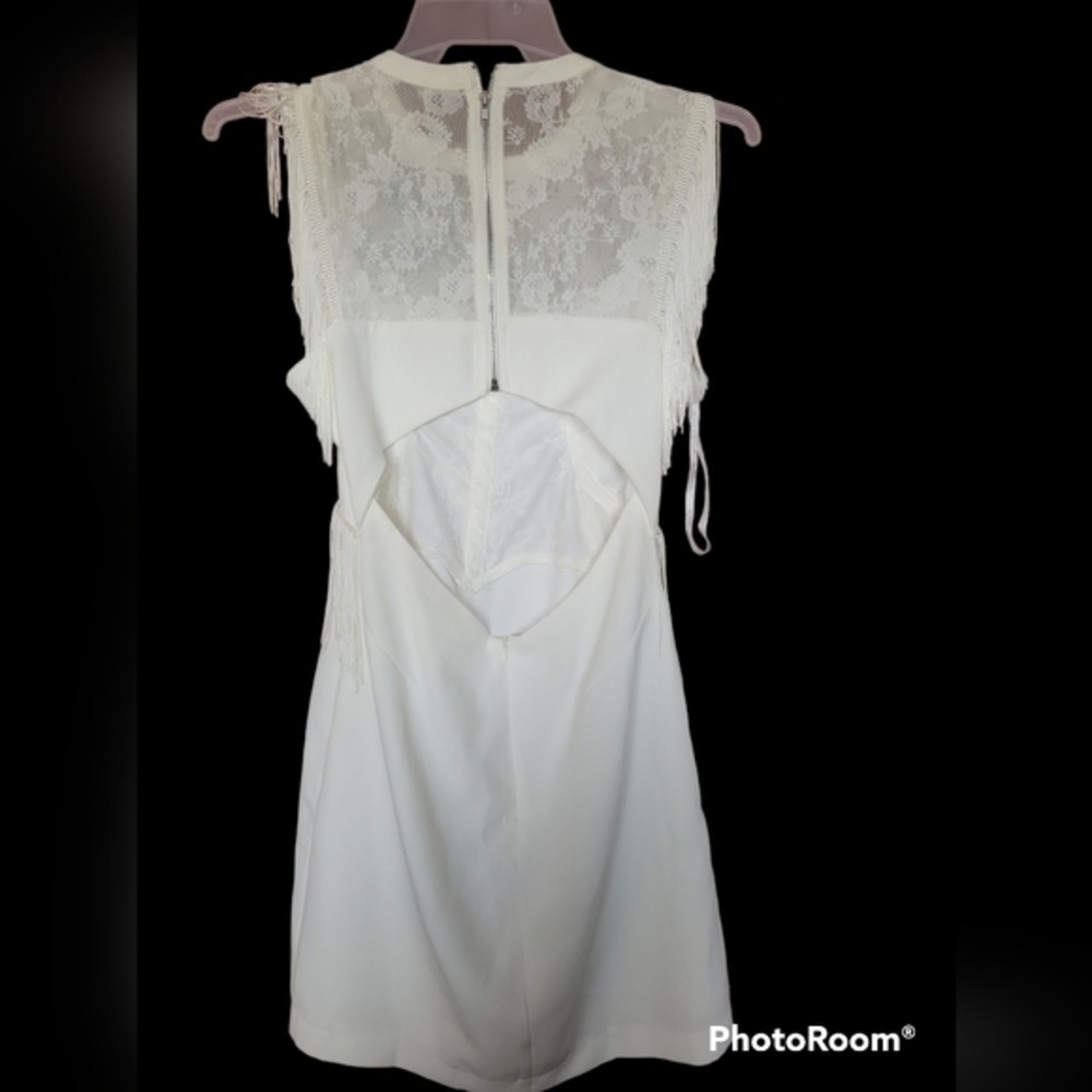 NWT Step into Style Sheer design Fringe open back‎  Dress Ivory Large